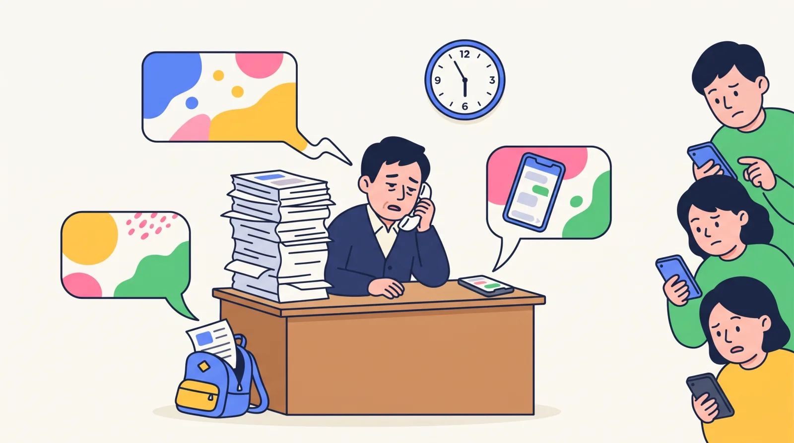 A cram-school teacher juggling phone calls, printed notices, and chat messages while parents miss information across scattered channels