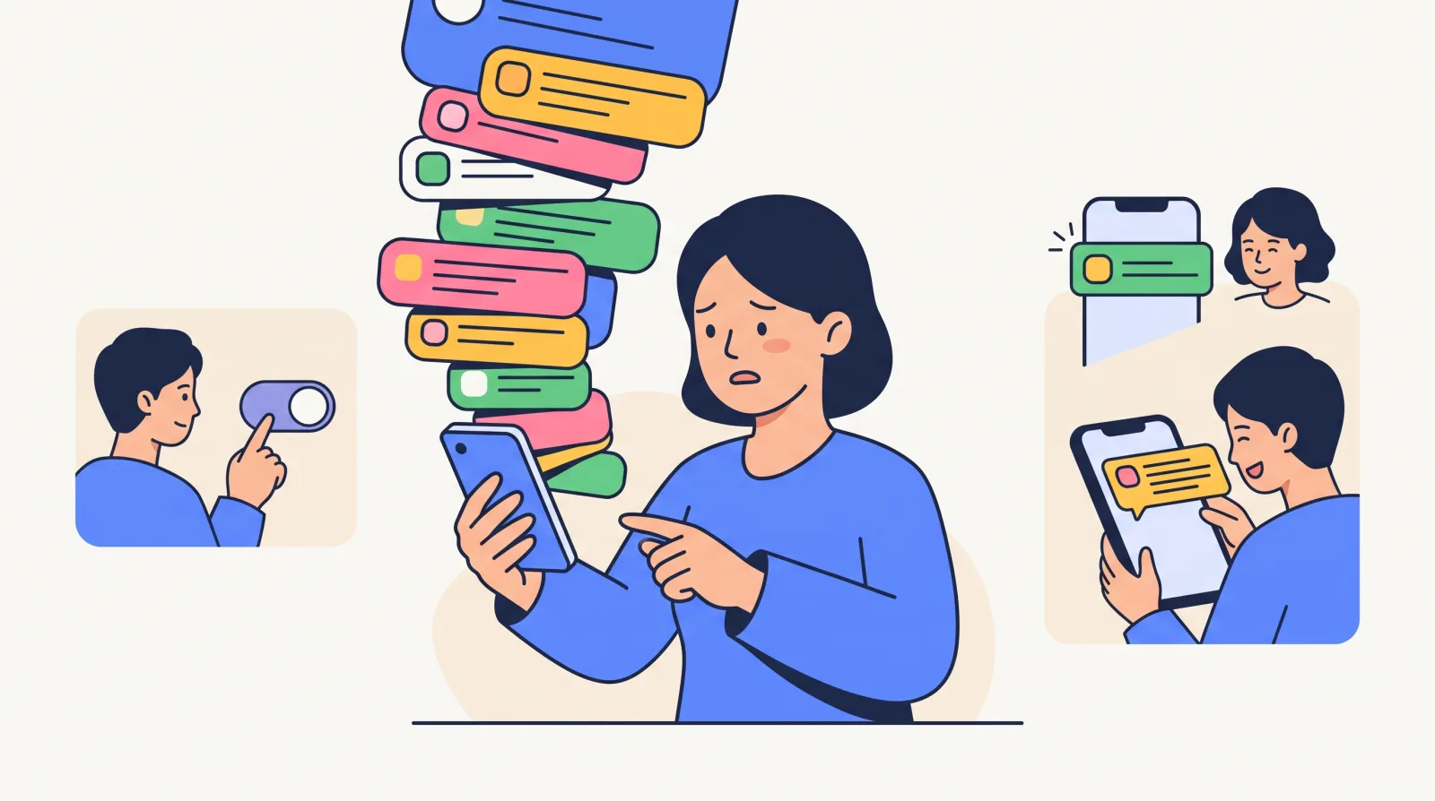 A parent overwhelmed by a pile of push notifications turns them off, while another parent happily reads a single well-chosen message