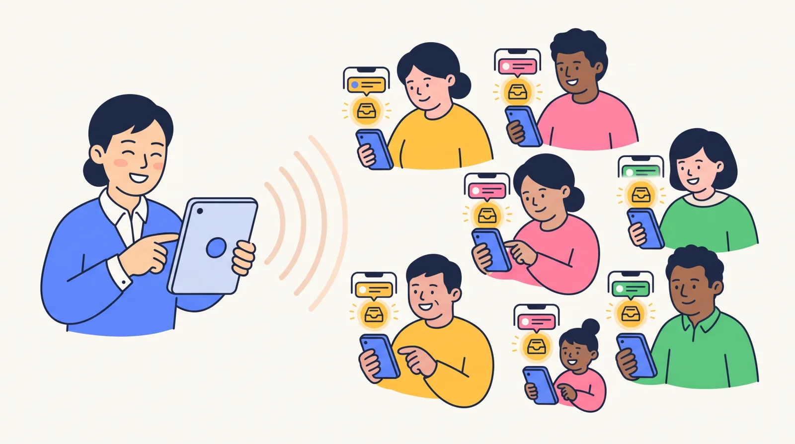 One tap on a tablet broadcasts an announcement to every parent's smartphone, arriving as both a push notification and an in-app inbox message