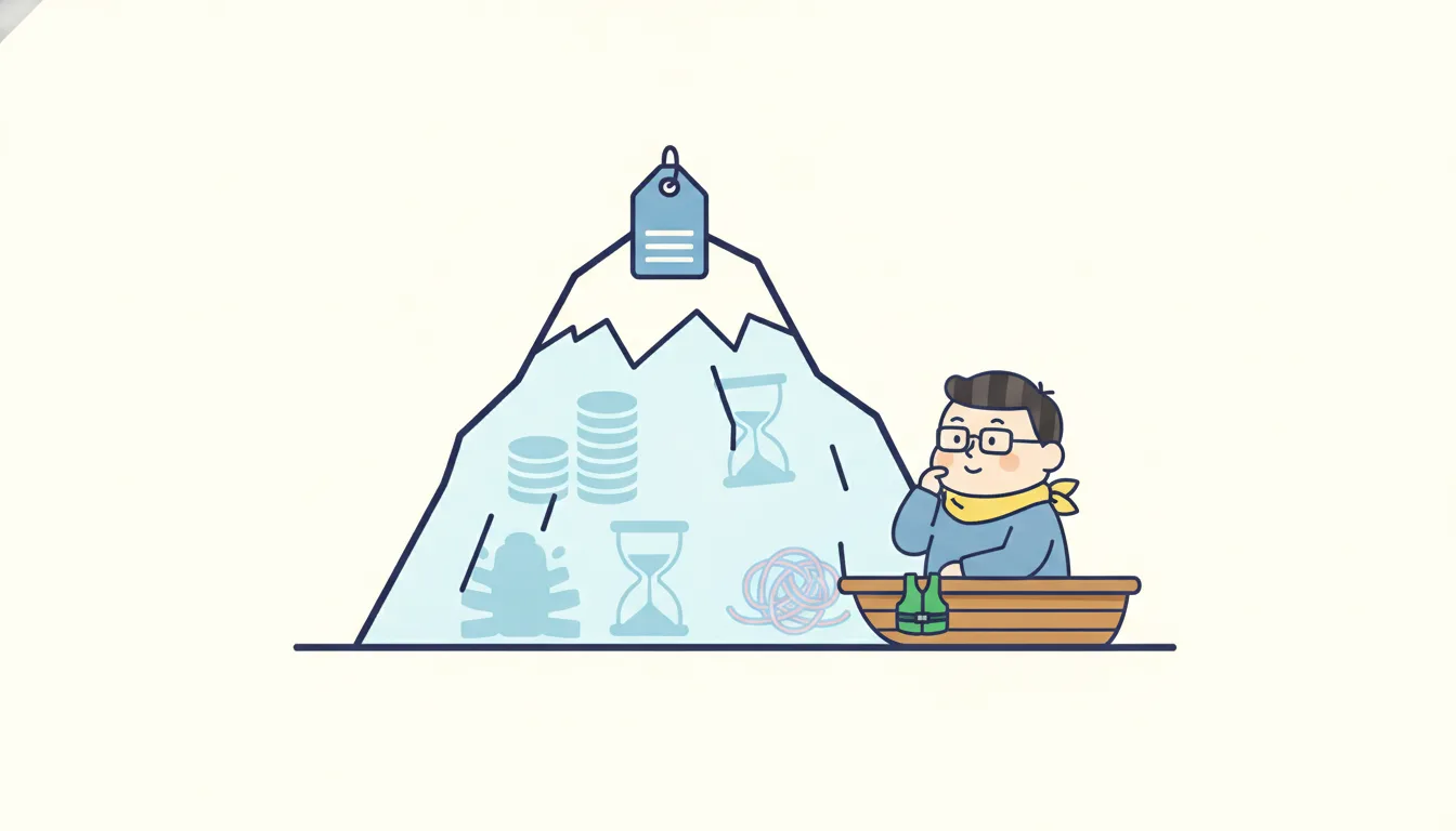 水面上の値札は小さく見えるが、水面下に手数料や手間などのコストが隠れている氷山のイメージ