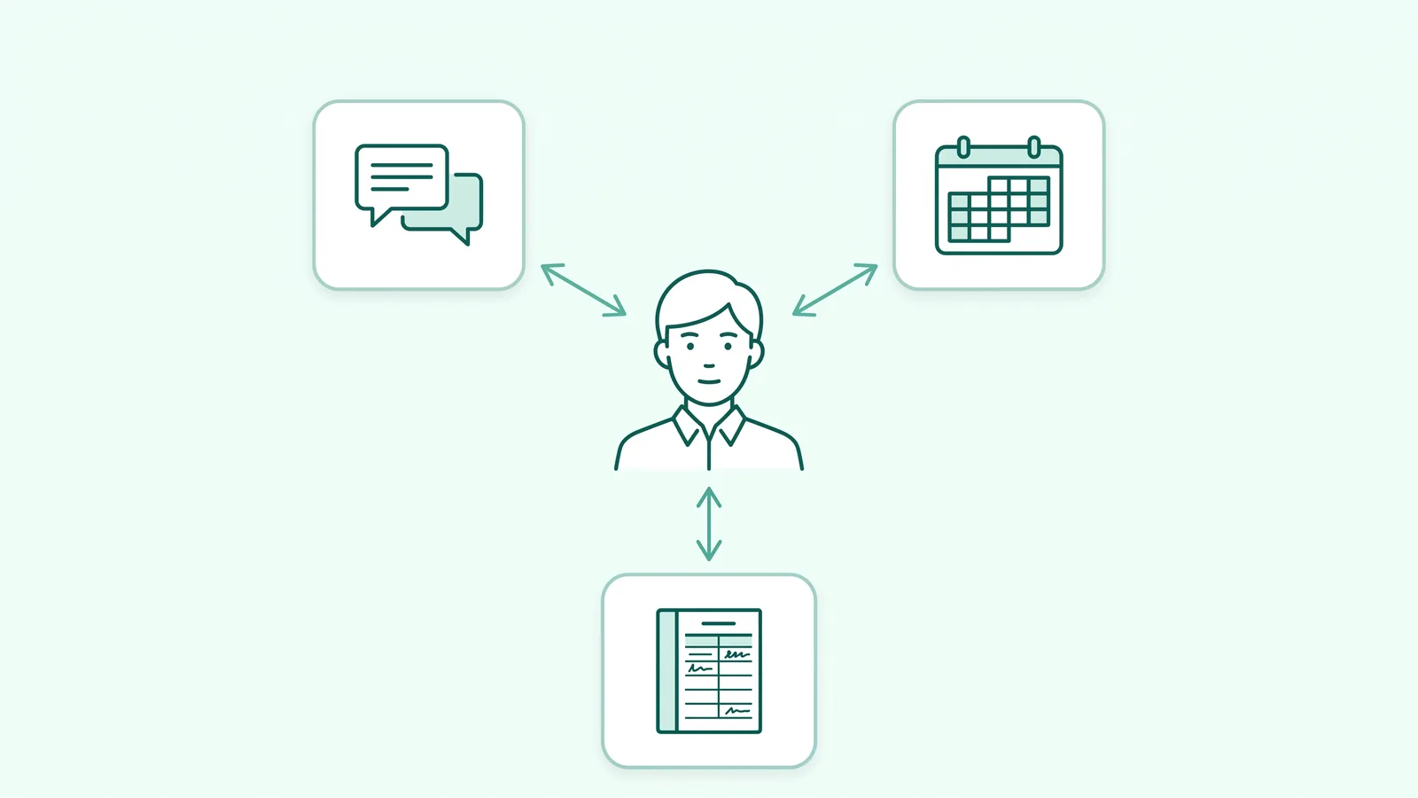 Illustration of tutor shifts tracked in a group chat, class schedules in a calendar app, and attendance recorded on paper — three separate systems that require cross-referencing for every change