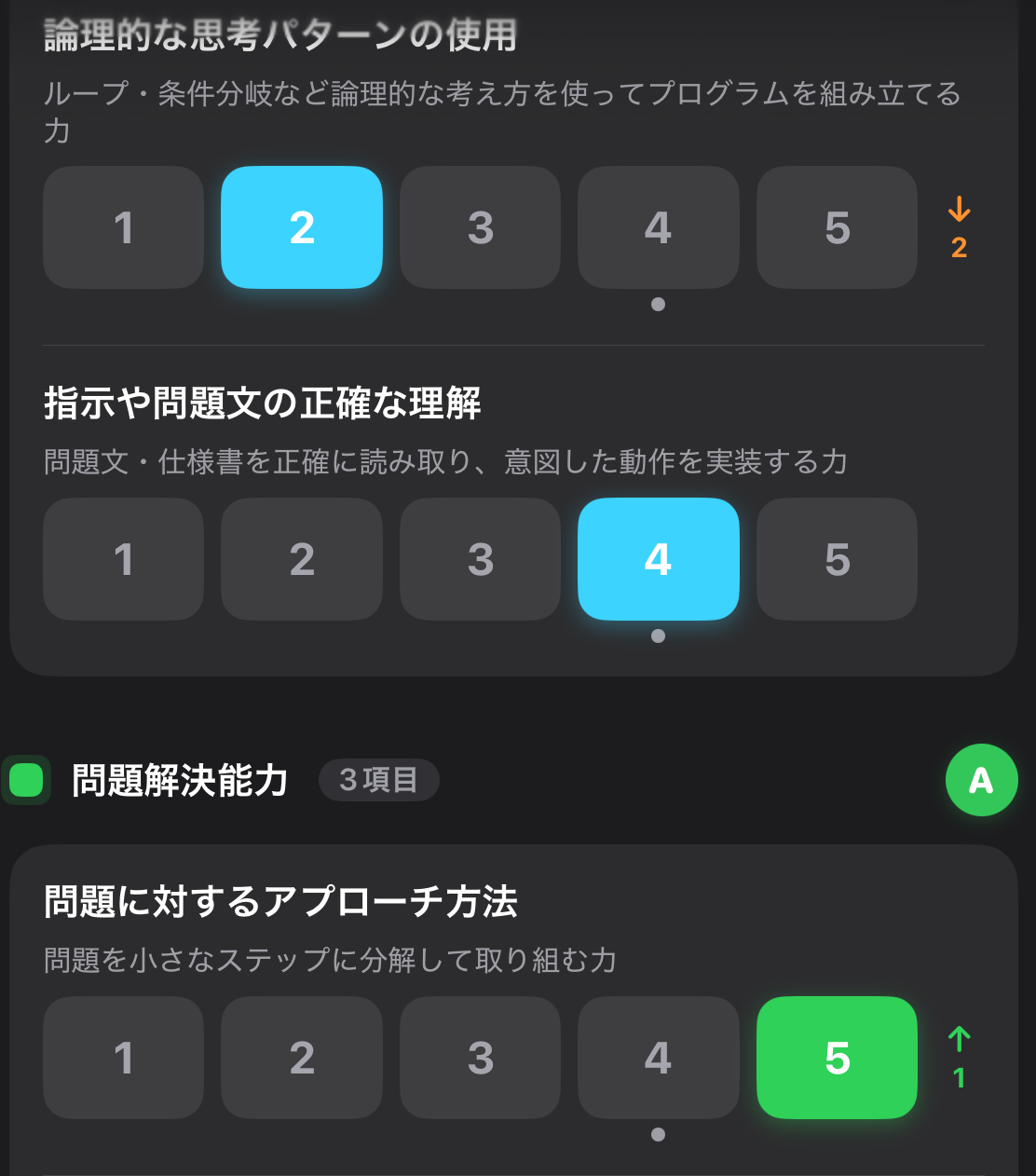 iOS: close-up of the Add Learning Record screen. In the top row the last score was 4 (dot under 4), 2 is selected now, and ↓2 is shown on the right. In the bottom row the last score was 4, 5 is selected now, and ↑1 is shown (Japanese UI)